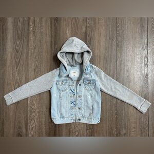 Abercrombie Kids Distressed Denim Jacket with Gray Hood & Sleeves - Size 9/10